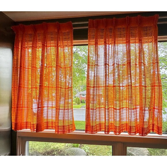 Vintage 70s net curtains, pumpkin orange, yellow open weave mesh, pleated - Picture 1 of 9